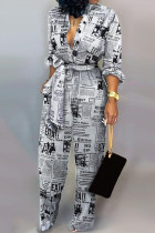 Black And White Casual Print Bandage Patchwork Buckle Turndown Collar Straight Jumpsuits