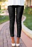 Pantaloni a matita a vita alta regolari con paillettes casual alla moda nera
