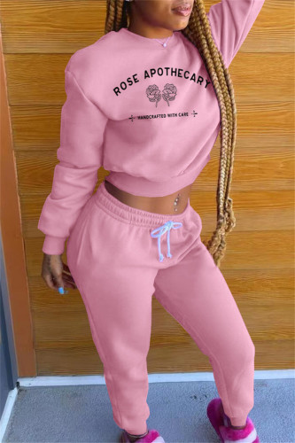 Pink Fashion Casual Letter Print Basic O Neck Long Sleeve Two Pieces