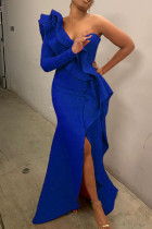 Blauwe mode sexy effen patchwork spleet een schouder avondjurk jurken