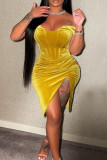 Желтое модное сексуальное однотонное платье без спинки с открытыми плечами Нерегулярное платье Платья