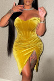 Желтое модное сексуальное однотонное платье без спинки с открытыми плечами Нерегулярное платье Платья