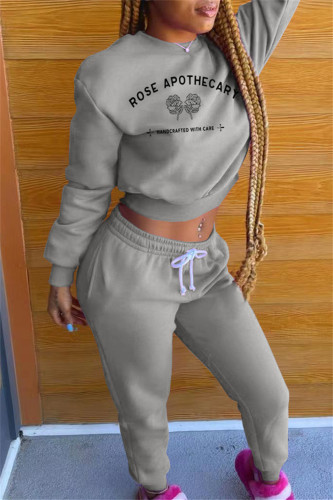 Grey Fashion Casual Letter Print Basic O Neck Long Sleeve Two Pieces