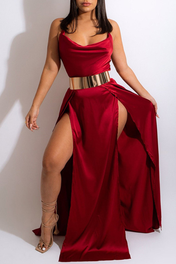赤いファッションセクシーな固体包帯背中の開いたスリットスパゲッティストラップロングドレス