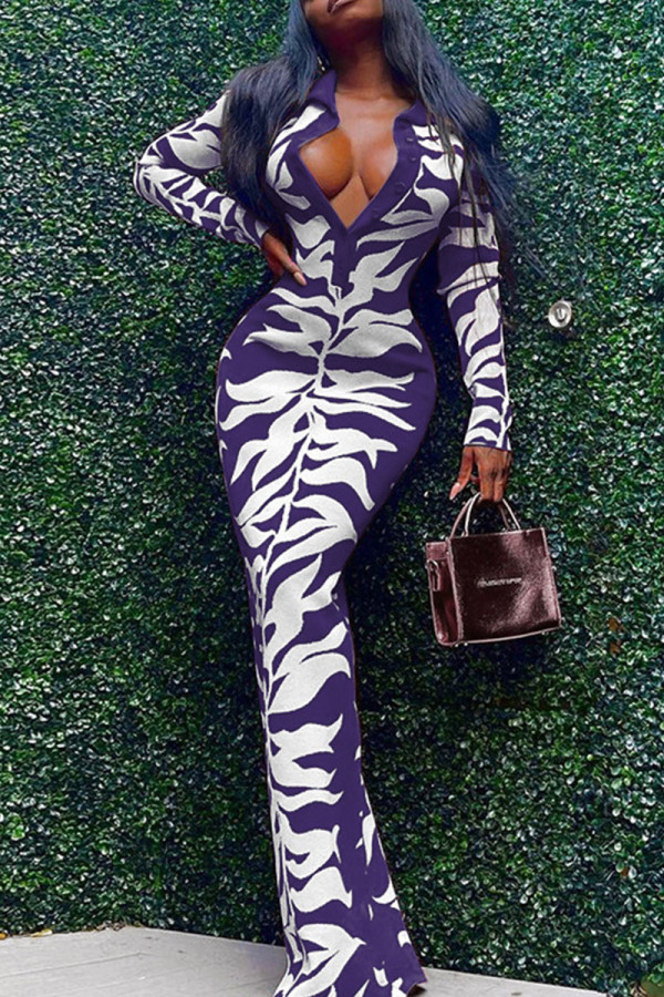 Púrpura sexy estampado patchwork hebilla cuello vuelto un paso falda vestidos