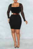 Vestidos de falda de un paso con cuello cuadrado transparente de patchwork sólido sexy negro