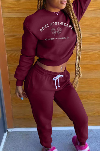 Burgundy Fashion Casual Letter Print Basic O Neck Long Sleeve Two Pieces