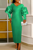 Grüne Art- und Weisebeiläufige feste Patchwork-Kleider mit V-Ausschnitt und langen Ärmeln