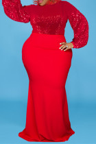 Красное модное вечернее платье с длинными рукавами и блестками в стиле пэчворк размера плюс