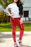Albicocca moda casual patchwork paillettes pantaloni a vita alta regolari