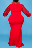 Rote Mode Plus Size Patchwork Pailletten O-Ausschnitt Langarm Abendkleid