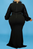 Schwarzes Mode-Plus-Size-Patchwork-Pailletten-O-Ausschnitt-Langarm-Abendkleid