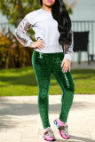 Pantalon crayon taille haute régulier à paillettes décontractées à la mode vert