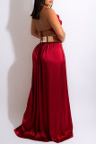 Vestido largo con correa de espagueti y abertura sin espalda con vendaje sólido sexy de moda rojo