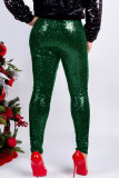 Зеленый Модная вечеринка Однотонные узкие брюки средней длины с пайетками и пайетками
