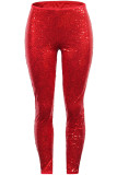Pantaloni a vita alta regolari a vita alta con paillettes casual patchwork alla moda rossa