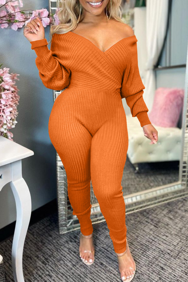 Orange Fashion Casual Solid Patchwork V-Ausschnitt Regular Jumpsuits