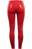Pantaloni a vita alta regolari a vita alta con paillettes casual patchwork alla moda rossa