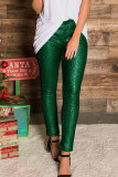 Calças de baixo médias skinny com lantejoulas de lantejoulas sólidas para festas de moda verde