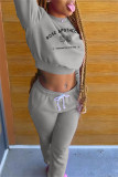 Grey Fashion Casual Letter Print Basic O Neck Long Sleeve Two Pieces