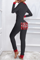Macacões regulares pretos Fashion Living com estampa patchwork com decote em V