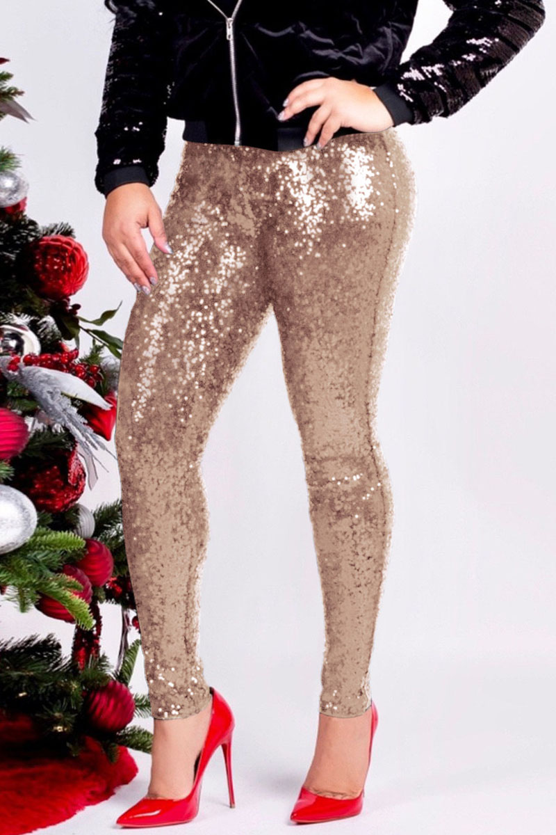 

Apricot Fashion Party Solid Sequins Sequined Skinny Mid Bottoms