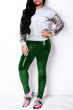 Pantaloni a vita alta regolari a vita alta con paillettes casual patchwork di moda verde