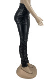 Pantalones de color sólido convencionales de cintura alta ajustados con pliegues sólidos casuales de moda negro