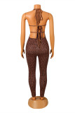 Brown Sexy Patchwork Print Bandage Hollowed Out Backless Halter Skinny Jumpsuits