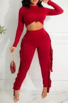 Red Fashion Casual Solid Tassel Patchwork O Neck Long Sleeve Two Pieces