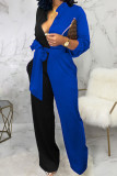 Black Red Casual Solid Bandage Patchwork Buckle Turndown Collar Straight Jumpsuits