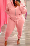 Colletto con cappuccio patchwork solido casual moda rosa Plus Size due pezzi