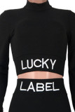 Black Casual Sportswear Print Patchwork Half A Turtleneck Long Sleeve Two Pieces