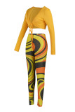 Caramel Color Fashion Sexy Print Bandage V Neck Long Sleeve Two Pieces