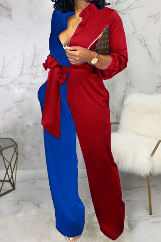 Blue Red Casual Solid Bandage Patchwork Buckle Turndown Collar Straight Jumpsuits