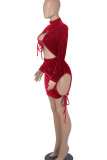 Красные сексуальные однотонные выдолбленные лоскутные уздечки с половиной водолазки и юбкой в ​​один шаг платья