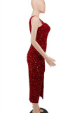 Red Fashion Sexy Patchwork Sequins Slit Spaghetti Strap Evening Dress Dresses
