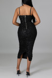 ブラック ファッション セクシーなパッチワーク スパンコール バックレス スリット スパゲッティ ストラップ ロング ドレス