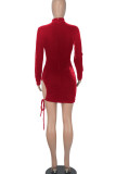 Red Sexy Solid Hollowed Out Patchwork Frenulum Half A Turtleneck One Step Skirt Dresses