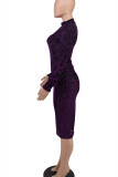 Фиолетовые модные повседневные платья с принтом и длинными рукавами