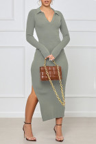 アーミーグリーンのセクシーなソリッドパッチワーク小帯バックレススリットVネックワンステップスカートドレス