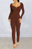 Brown Fashion Casual Solid Basic V-Ausschnitt Skinny Jumpsuits