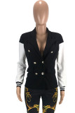 Black Casual Solid Patchwork Buckle Turn-back Collar Outerwear