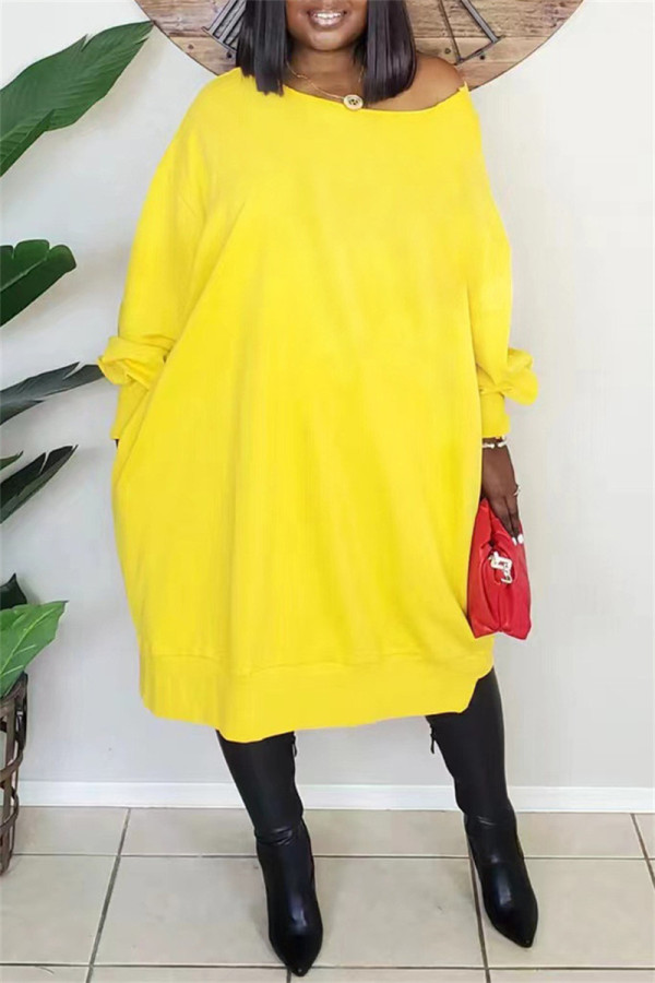 Желтые модные повседневные однотонные базовые платья с круглым вырезом и длинными рукавами