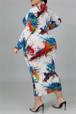 カラー ファッション カジュアル プリント ベーシック Oネック 長袖 プラスサイズ ドレス (ベルトなし)