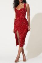 赤いファッションセクシーなパッチワークスパンコールスリットスパゲッティストラップイブニングドレスドレス