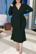 アーミーグリーン ファッション カジュアル ソリッド ベルト付き Vネック 長袖 プラスサイズ ドレス