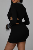 Vestidos de manga larga con cuello en V ahuecados de perforación en caliente de retazos sexy de moda negra