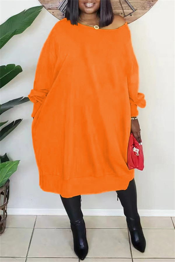 Abiti a maniche lunghe con scollo a O di base casual casual alla moda arancione