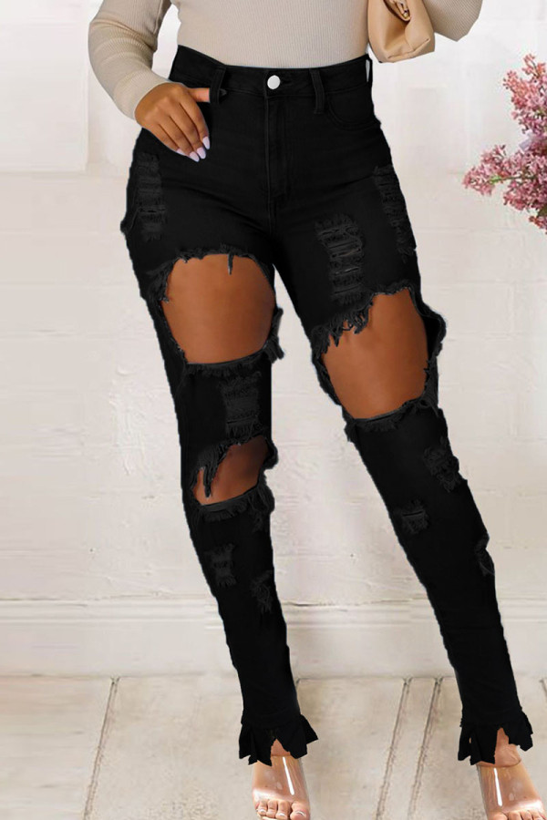 Jeans de mezclilla regular de cintura alta con diseño de patchwork viejo rasgado liso negro de Street